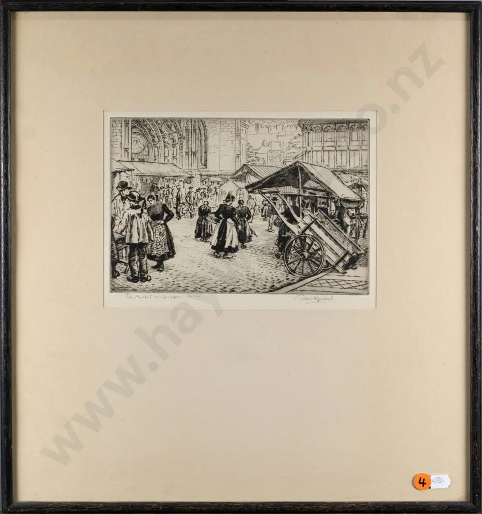 JH Lambert - framed etching "The Market at Quimper" H-140 W-210 Image 1++