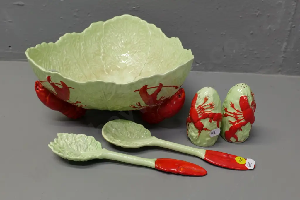 Carlton ware lobster salad bowl and servers & a salt & pepper set - some staining to bowl Image 1++