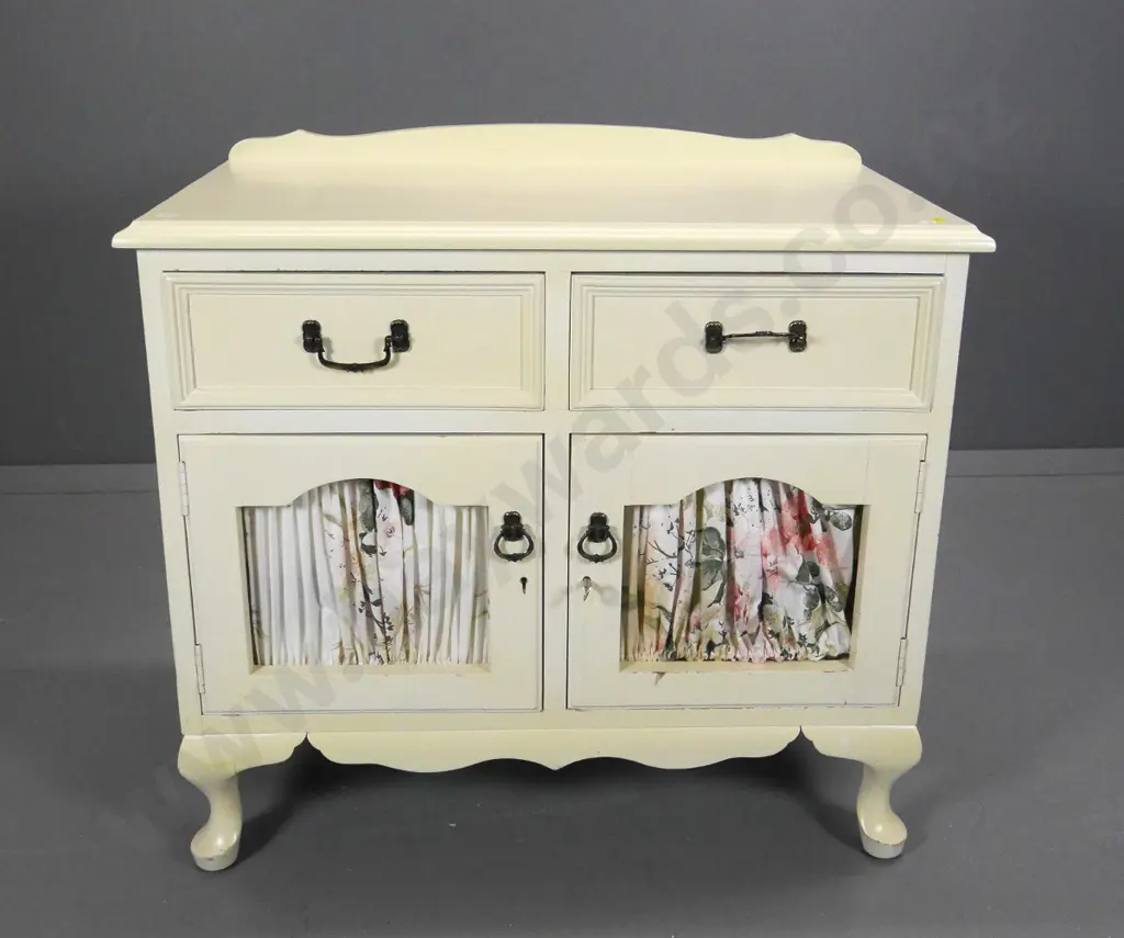painted timber bedroom cabinet w/2 to, 4 internal drawers, fabric panel locking doors, minor paint chips H710 W760 D420 Image 1++