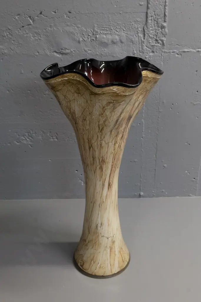 very large art glass vase - cranberry interior, marbleized brown exterior, fluted top H-540 D-280 at top Image 1++