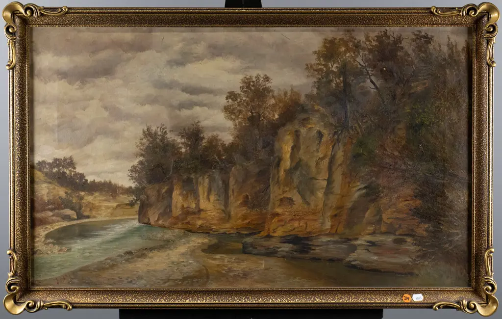 gilt framed colonial oil on canvas - river and cliff scene H-440 W-740 Image 1++