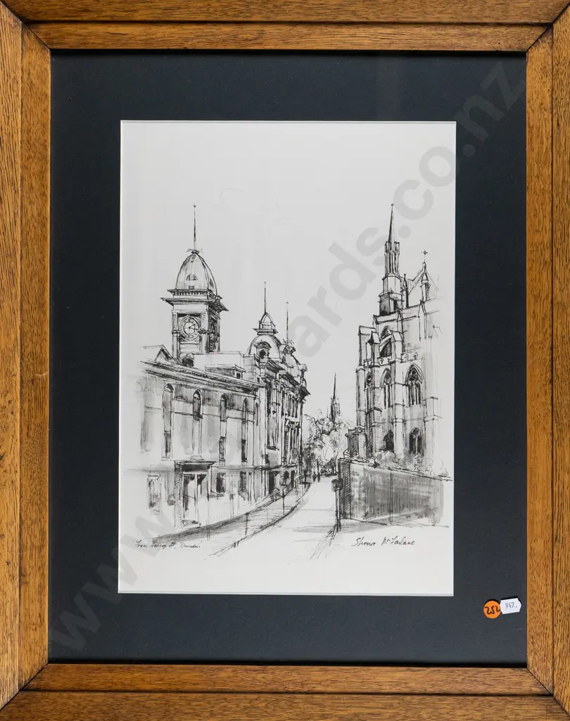 framed Shona McFarlane print "From Harrop St Dunedin" H-370 W-270 Image 1++