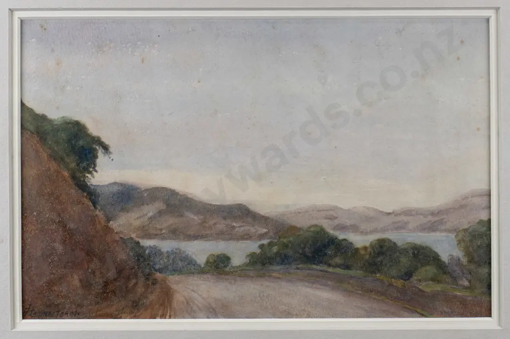 Kearney - framed watercolour - road by harbour (slight foxing)  H-150 W-240 Image 1++