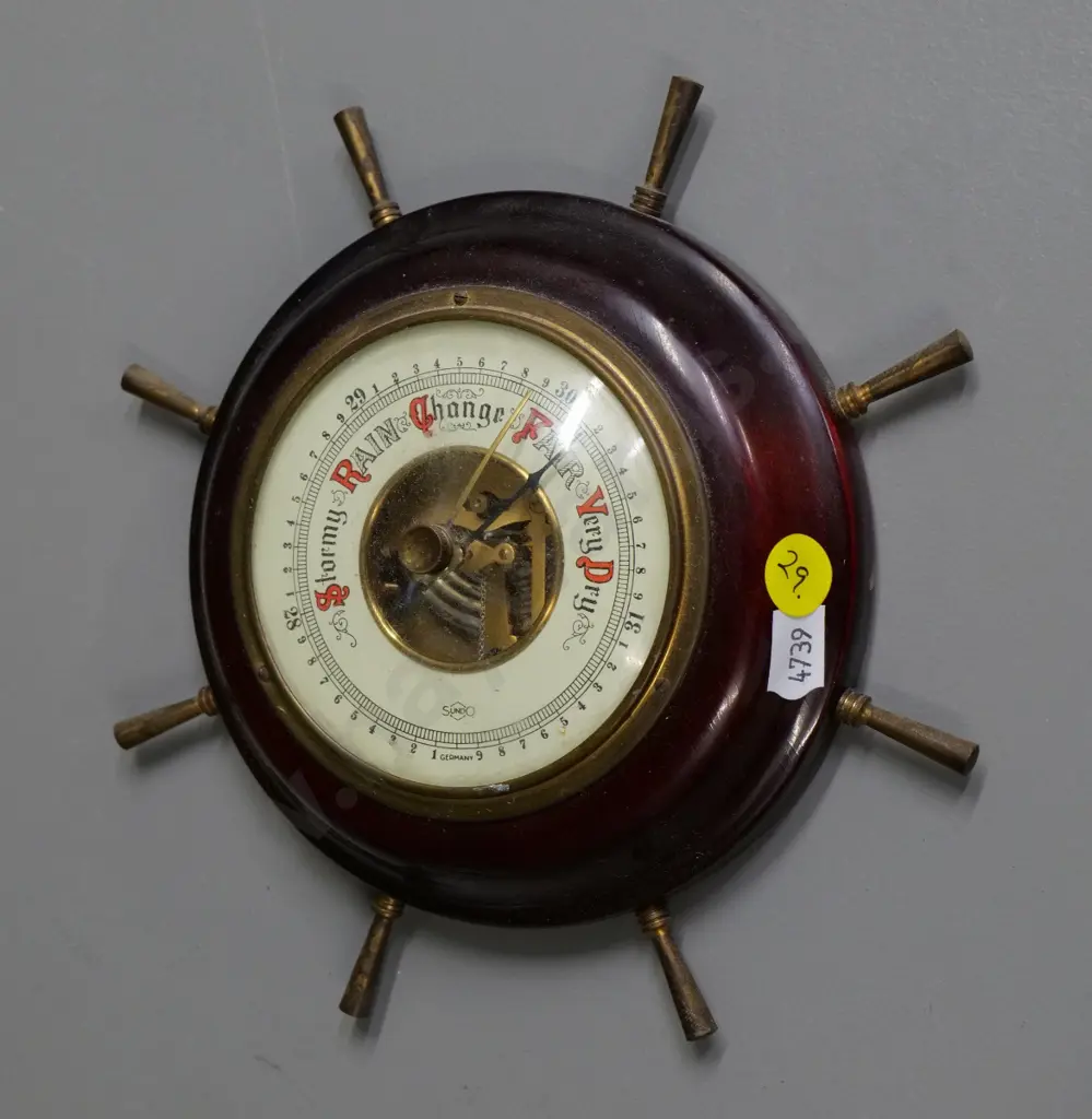 retro small German ship's wheel theme wall barometer - wood and brass Diameter 180 Image 1++