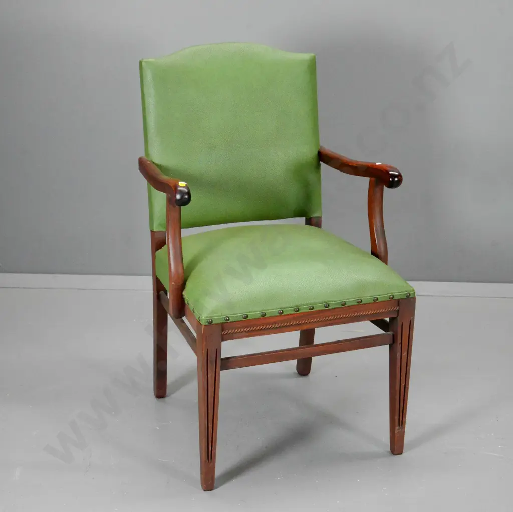 traditional style mahogany occasional chair with beading, green vinyl, studding on front H-900 W-530 D-500 Image 1++