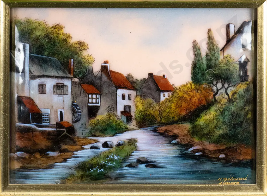 Michel Betourne, Limoges  - framed enamel on copper - country village scene by river H-120 W-160 Image 1++