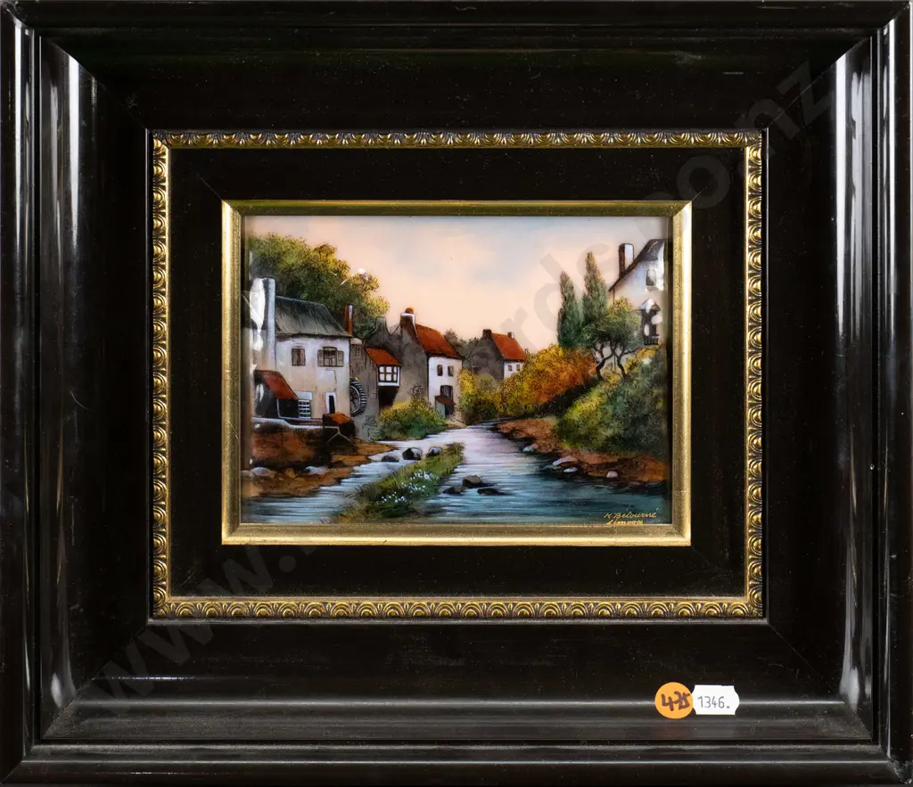 Michel Betourne, Limoges  - framed enamel on copper - country village scene by river H-120 W-160 Image 1++