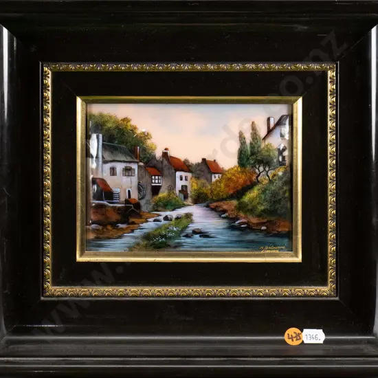 Michel Betourne, Limoges  - framed enamel on copper - country village scene by river H-120 W-160