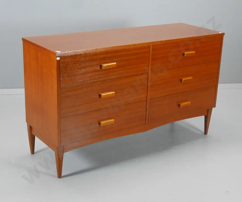 mid-century mahogany 6-drawer chest with wooden handles H-710 W-1180 D-400 Image 1++