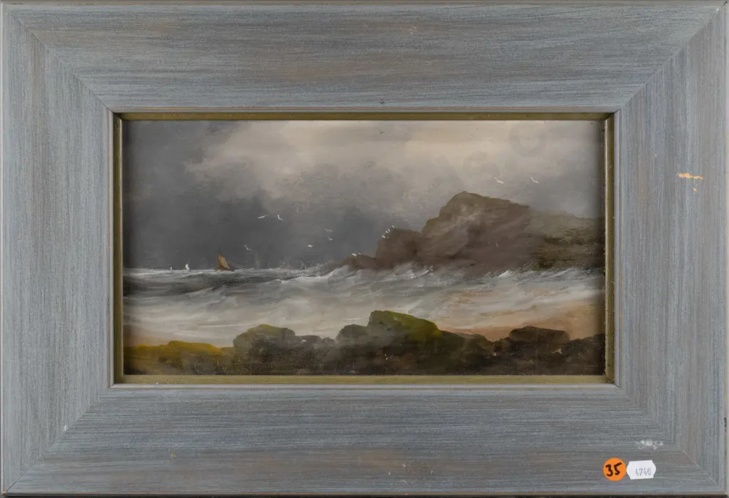 framed oil on card - coastal scene (slight warping) H-160 W-300 Image 1++