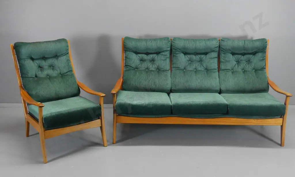 mid-century Morgan Brothers New Zealand mahogany & green velvet 3-seater settee & chair H900 L1640 D830 Image 1++