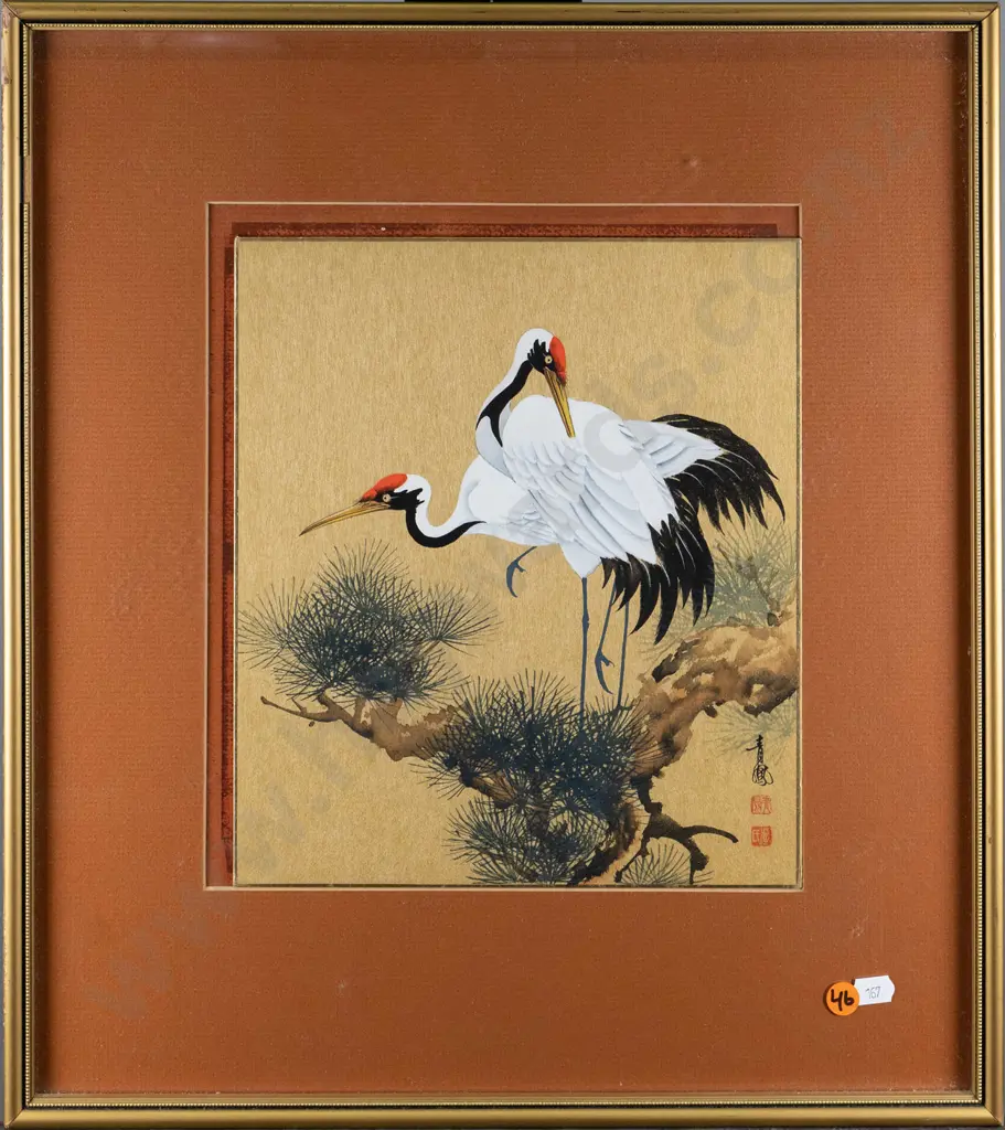 framed oriental watercolour - birds in tree (framing needs attention) H-260 W-230 Image 1++