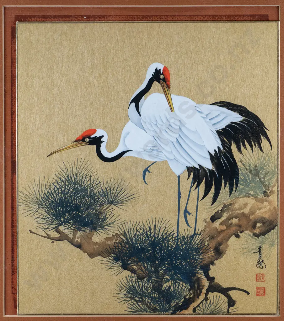framed oriental watercolour - birds in tree (framing needs attention) H-260 W-230 Image 1++