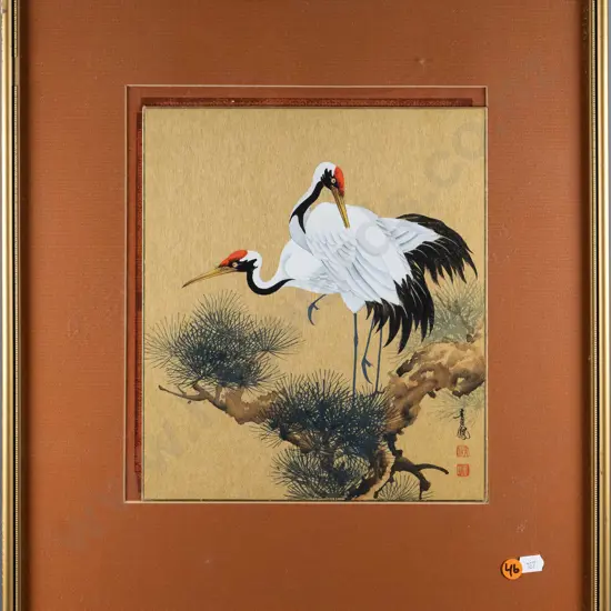 framed oriental watercolour - birds in tree (framing needs attention) H-260 W-230