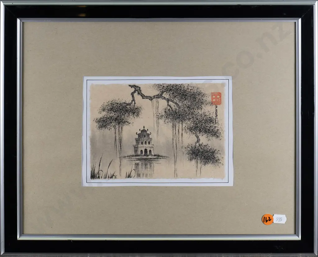 framed oriental watercolour - temple H-120 W-165 Image 1++