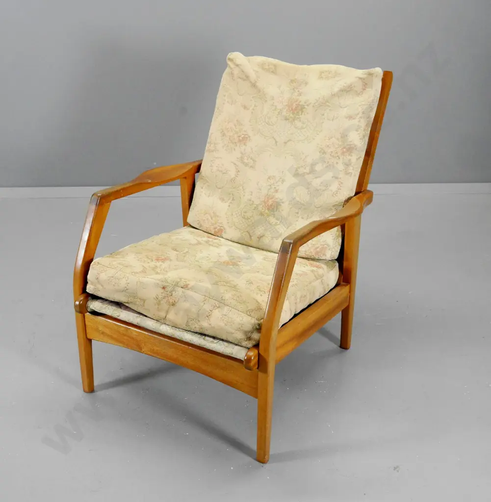 mid-century mahogany lounge chair fading to floral tapestry, polish needs attention H770 W620 D770 Image 1++