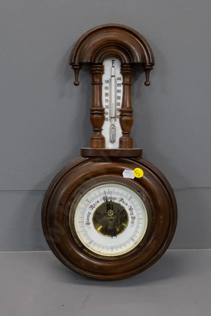 mahogany-cased wall barometer-thermometer H-360 W-190 Image 1++