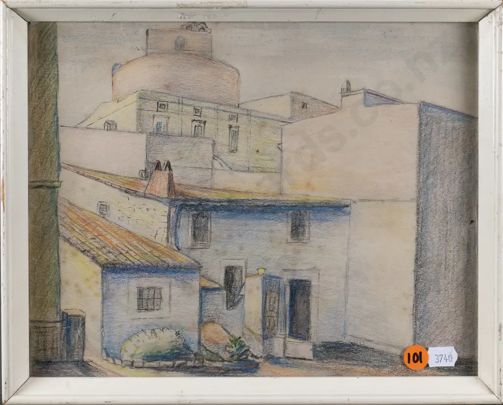 Eana B Jeans - framed pencil and pastel "very Old Houses and Old Roman Fort Church" (foxing) H-200 W-250 Image 1++