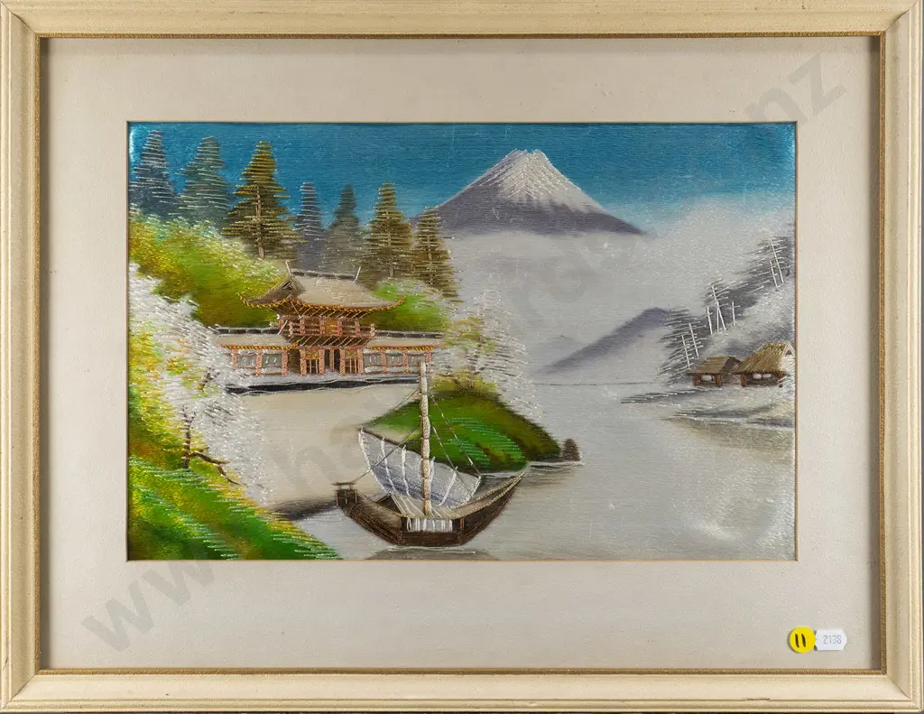 framed needlework on silk - Mt Fuji and temple H-240 W-360 Image 1++