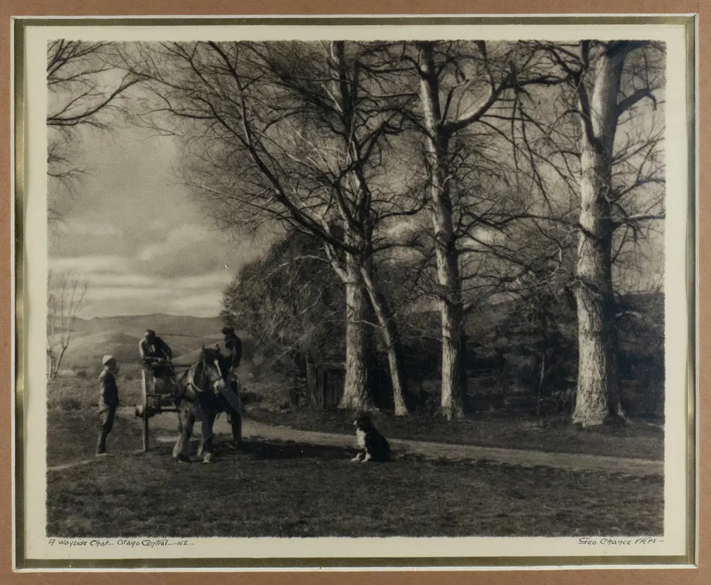 George Chance - framed black and white photograph "A Wayside Chat Otago Central" (slight foxing to surround) H-200 W- Image 1++