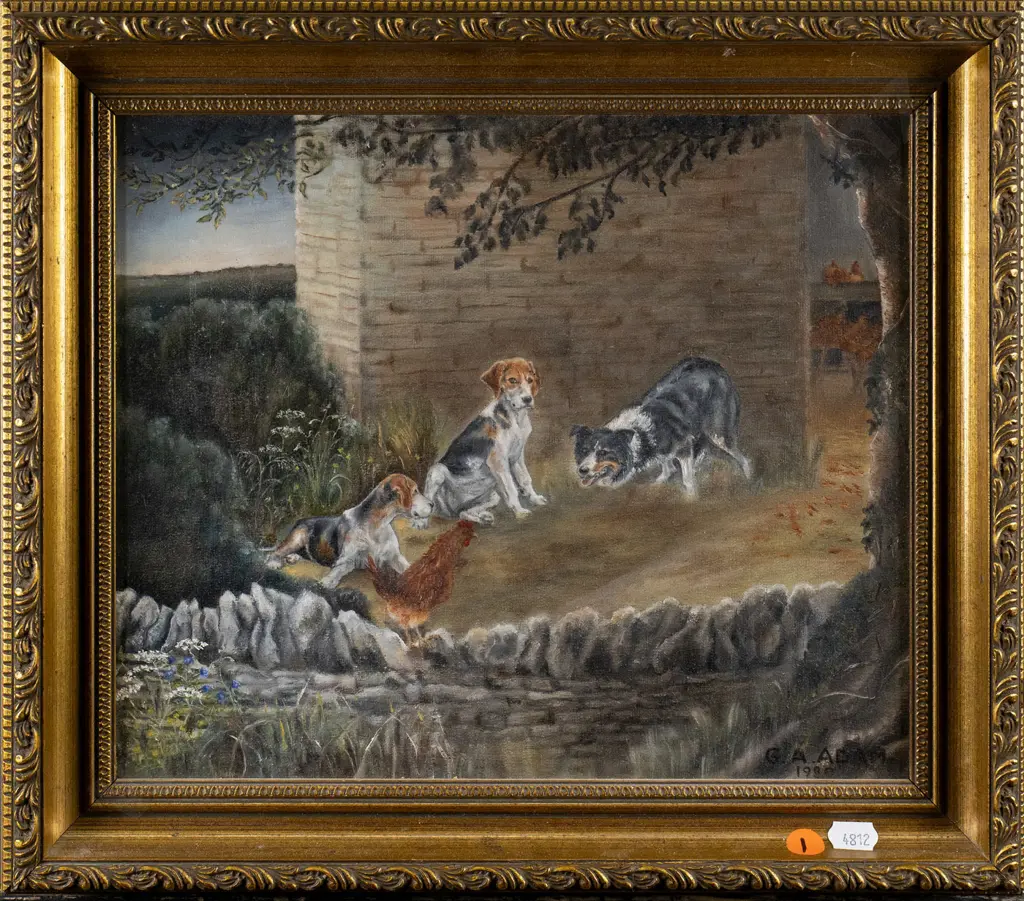 GA Adam 1980 - gilt framed oil - dogs and chickens H-250 W-290 Image 1++