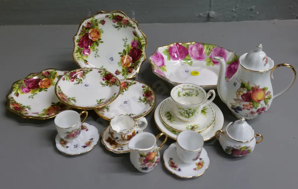 assorted small china items - 5 Royal Albert dishes & miniature trio, other teapots, cups, saucers etc. Image 1++