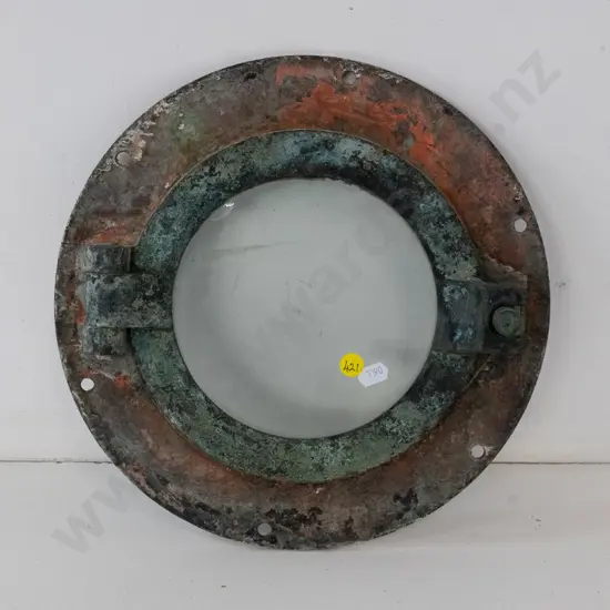 vintage brass porthole - paint flaking, small surface chip to glass, no locking nut - Diameter 300