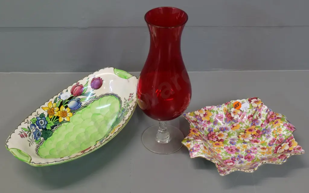 James Kent DuBarry AOF dish, Maling thumbprint bowl, and a red glass w/clear stem vase H-240 Image 1++