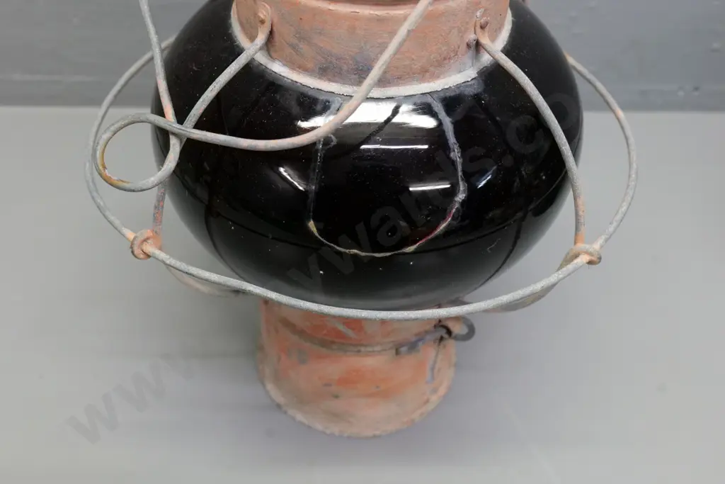 metal and glass Dutch lock lantern, has mend to red glass insert. 410 Diameter 240 Image 1++