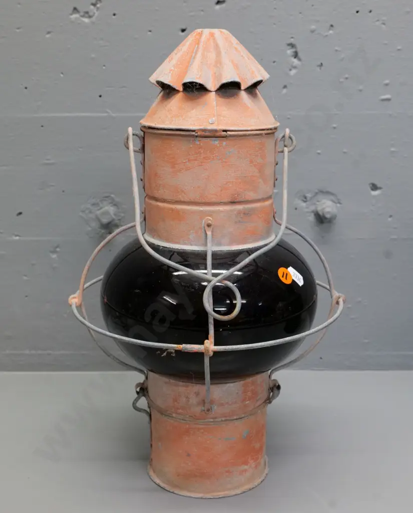 metal and glass Dutch lock lantern, has mend to red glass insert. 410 Diameter 240 Image 1++