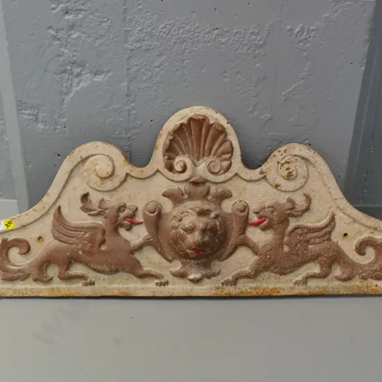 painted cast metal panel with lion and dragons motif - 2 screw holes H-270 W-750