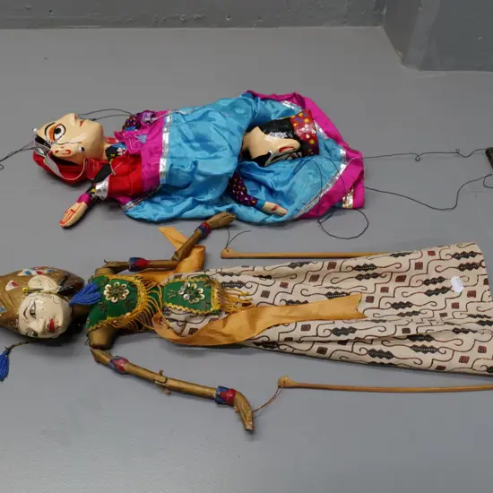 2 wood and fabric souvenir puppets - Indian 2-headed male/female, and a Indonesian one H-620