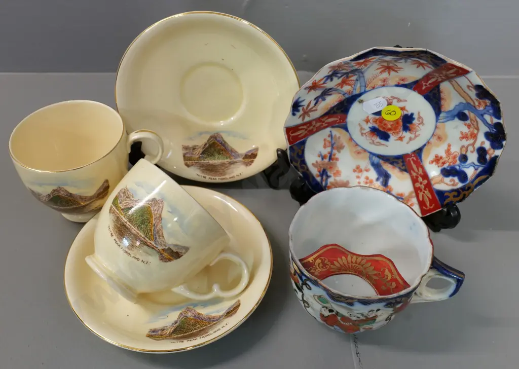 2 Crown Devon Mitre Peak souvenir cups & saucers and an Imari moustache cup & saucer Image 1++