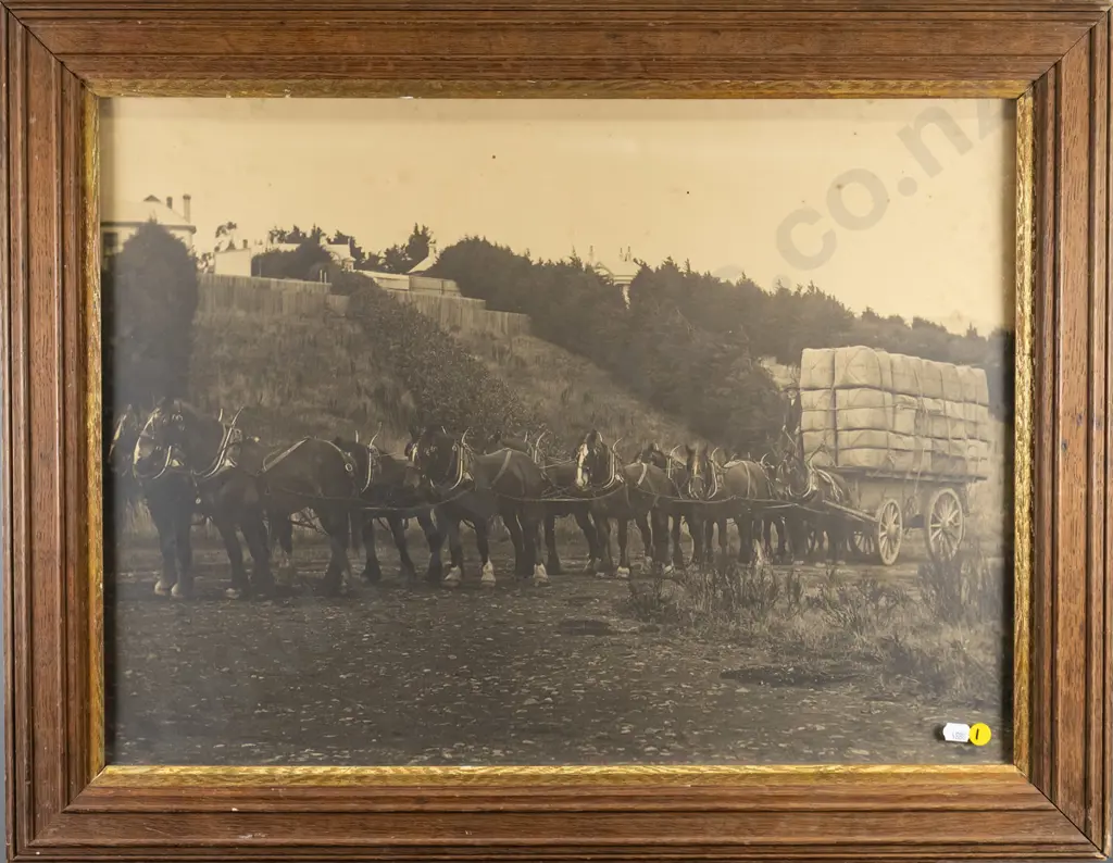 vintage framed black and white photograph - horses and carriage (slight foxing) H-420 W-570 Image 1++