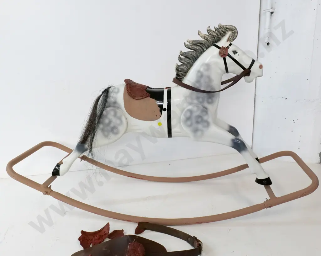 restorer's painted tin rocking horse - rubber saddle has decayed and coming off in pieces H-700 L-1120 Image 1++