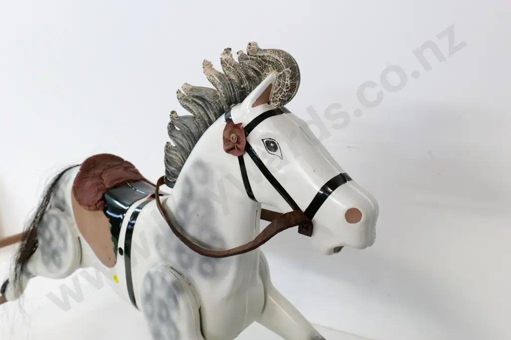 restorer's painted tin rocking horse - rubber saddle has decayed and coming off in pieces H-700 L-1120 Image 1++