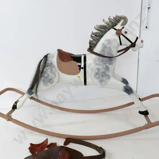 restorer's painted tin rocking horse - rubber saddle has decayed and coming off in pieces H-700 L-1120