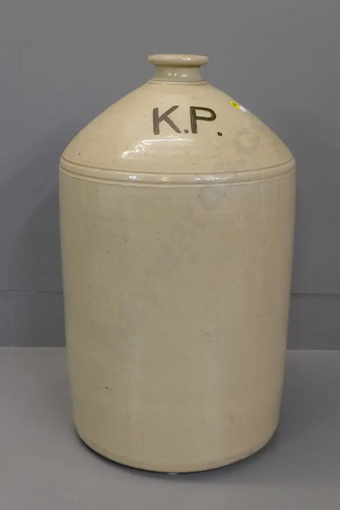 large narrow mouth stoneware crock with KP (Kempthorne-Prosser?) - chip to rim H-540 D-320 Image 1++