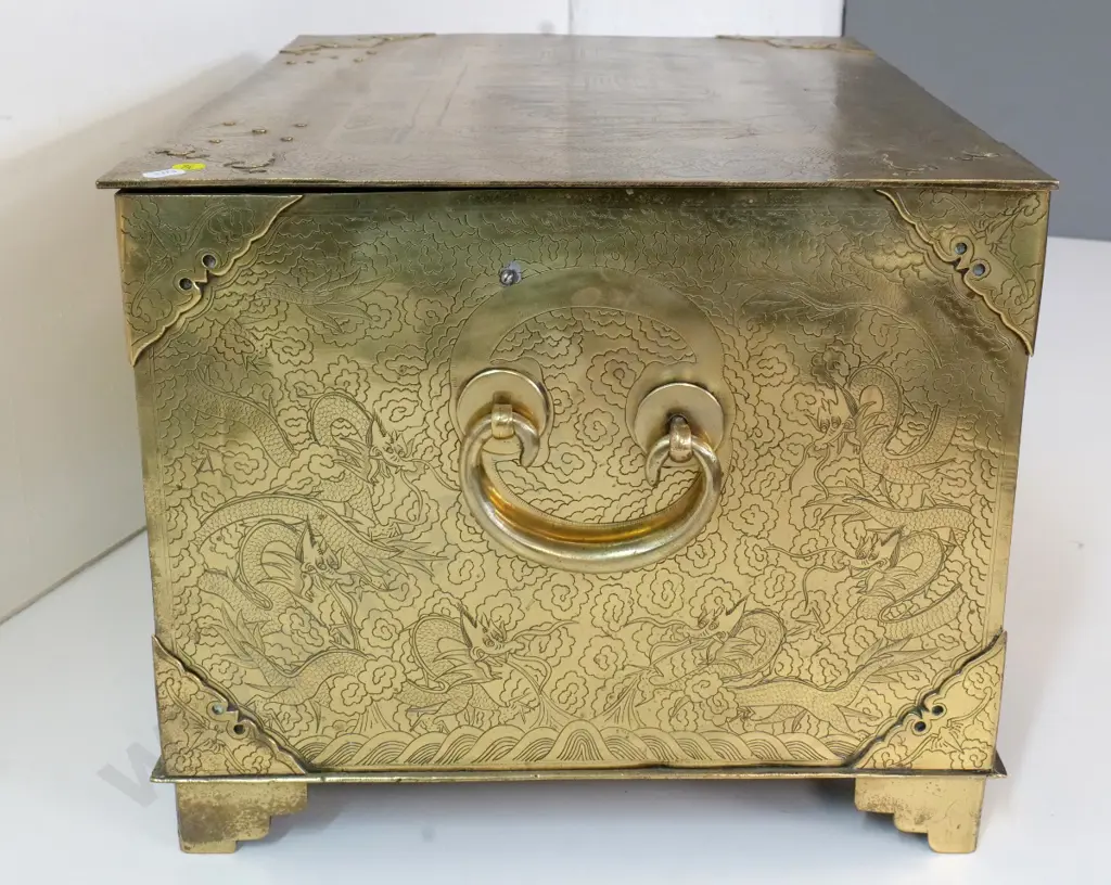 Chinese solid brass chest with heavy drop handles, etched decoration - slightly distorted, lid not square H330 W550 D400 Image 1++