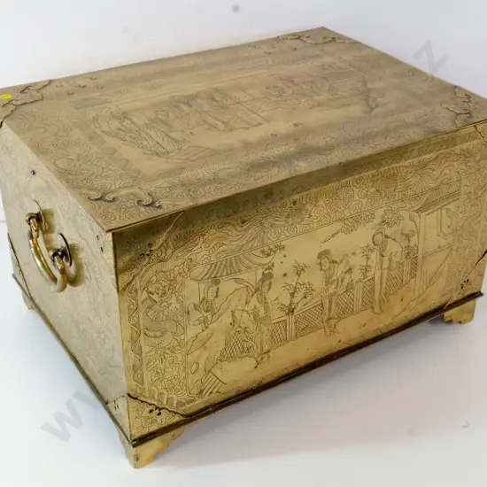 Chinese solid brass chest with heavy drop handles, etched decoration - slightly distorted, lid not square H330 W550 D400