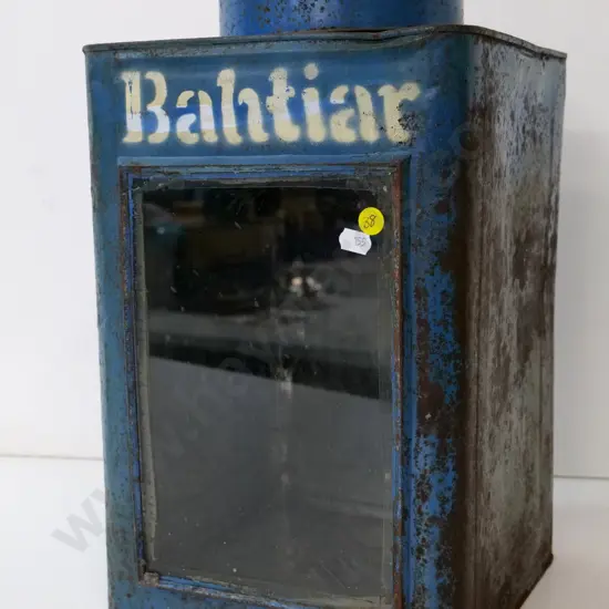 large kerosene tin made into candle lantern - painted blue with "Bahtiar" H-430