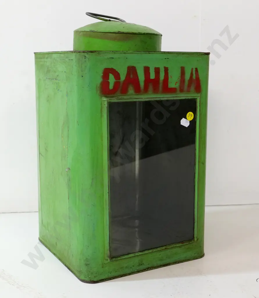 large kerosene tin made into candle lantern - painted green with "Dahlia" H-430 Image 1++