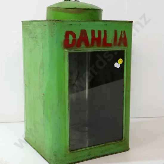 large kerosene tin made into candle lantern - painted green with "Dahlia" H-430