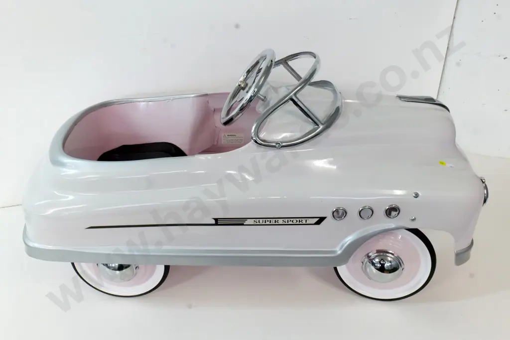 modern retro style Super Sport child's pedal car - pink, white, chrome, vinyl seat H-530 L-920 W-400 Image 1++