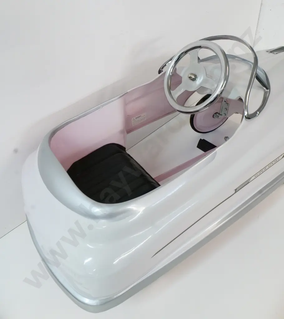modern retro style Super Sport child's pedal car - pink, white, chrome, vinyl seat H-530 L-920 W-400 Image 1++