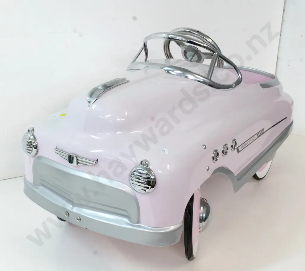 modern retro style Super Sport child's pedal car - pink, white, chrome, vinyl seat H-530 L-920 W-400 Image 1++