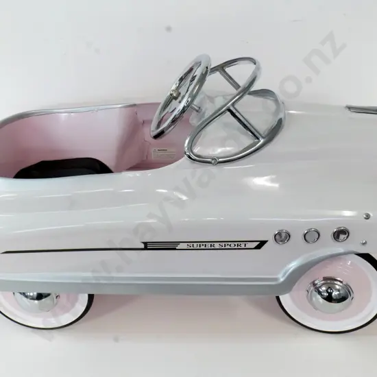 modern retro style Super Sport child's pedal car - pink, white, chrome, vinyl seat H-530 L-920 W-400
