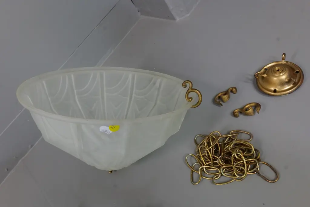 deco style frosted glass hanging light fitting with ceiling rose and chains Diameter 300 Image 1++