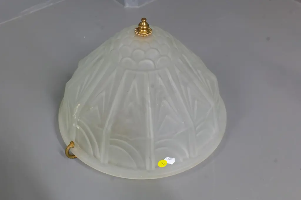 deco style frosted glass hanging light fitting with ceiling rose and chains Diameter 300 Image 1++