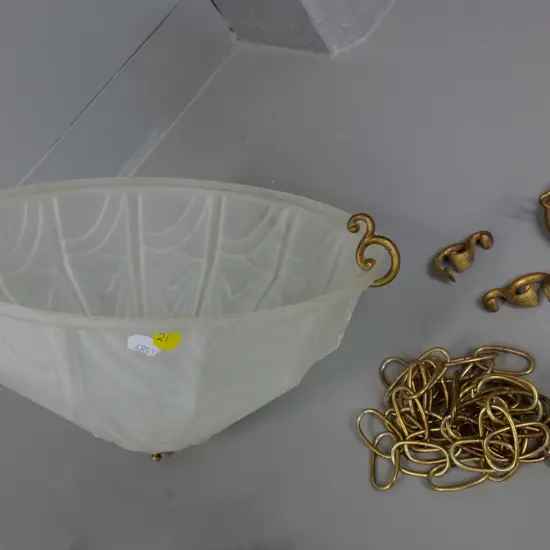 deco style frosted glass hanging light fitting with ceiling rose and chains Diameter 300